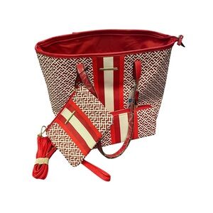 Elegant Red and White Tote Bag Set 3 pieces bag wristlet and coin pouch